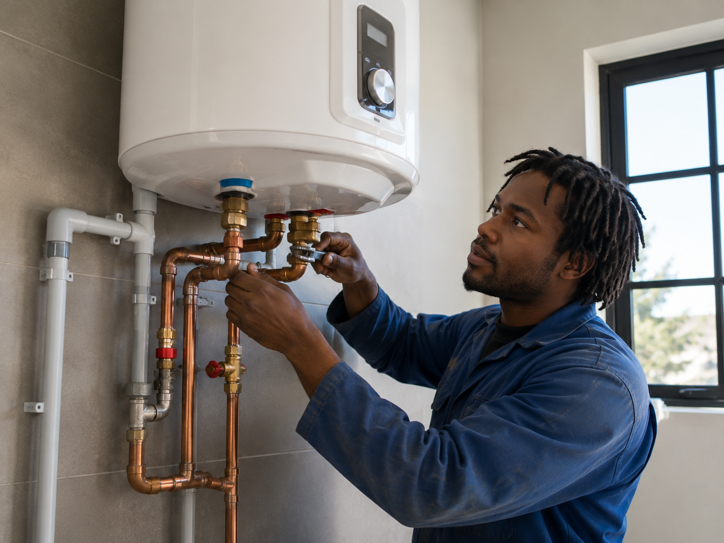 Plumber fitting copper pipework below a geyser