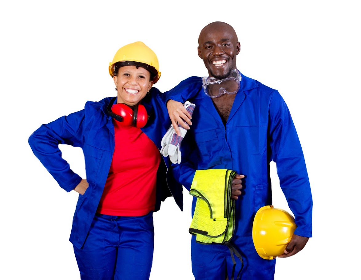 Smiling construction workers wearing protective workwear