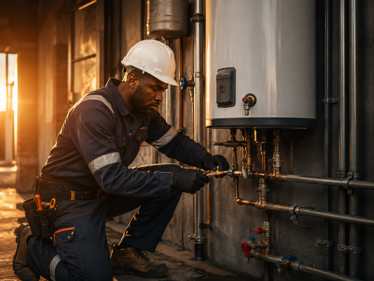 Plumber working on a geyser and pipework